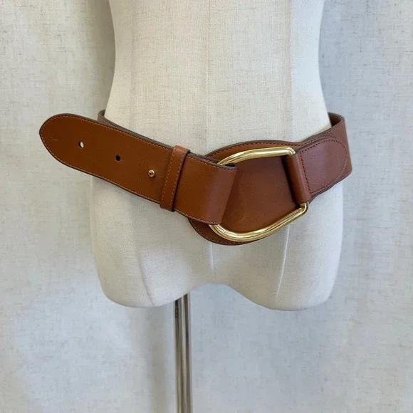 Lauren Ralph Lauren Brown Leather Wide Waist Belt Gold Stirrup Buckle Medium - Picture 6 of 12